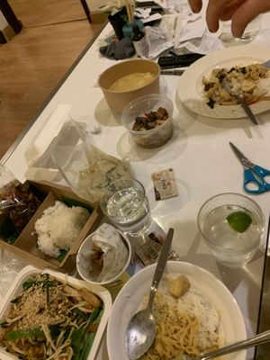 Khao soi, pad Thai, krapao beef, Thai green curry and stir fried spicy mushrooms  at May Veggie Home in Bangkok