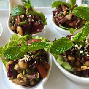 same damn fine tasty tiny bits here!!  at May Veggie Home in Bangkok