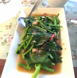 Pad Ka Nah Pla Kem (stir fried Chinese kale with vegetarian salted fish), 159 baht at May Veggie Home in Bangkok