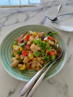 Vegan bacon and sausage spaghetti...delicious! at May Veggie Home in Bangkok