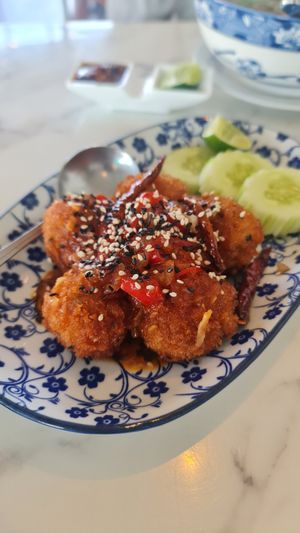Spicy Cauliflower in breadcrumbs with a chili sauce at May Veggie Home in Bangkok