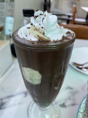 Banana chocolate iced drink, 129 baht (plus 7% sales tax)  at May Veggie Home in Bangkok