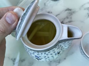 Fresh lemongrass tea, 99 baht (plus 7% sales tax)  at May Veggie Home in Bangkok