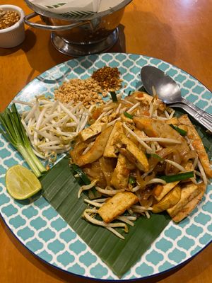 Vegan pad Thai with shrimp, so good! at May Veggie Home in Bangkok