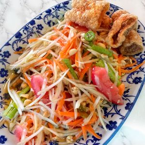Somtam Papaya Salad with crunchy Tofuu  at May Veggie Home in Bangkok