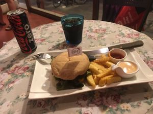 Burger and chips  at May Veggie Home in Bangkok