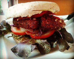 Veggie burger at May Veggie Home in Bangkok