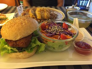 Best vegan food in Bangkok- chicken burger at May Veggie Home in Bangkok