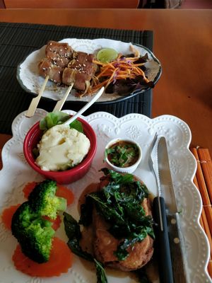 steak with pepper sauce and bacon with mushrooms.  at May Veggie Home in Bangkok