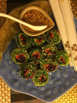 Vietnamese spring rolls with peanut sauce  at May Veggie Home in Bangkok