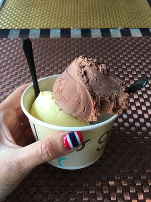 Coconut ice cream - passion fruit and cacao  at May Veggie Home in Bangkok