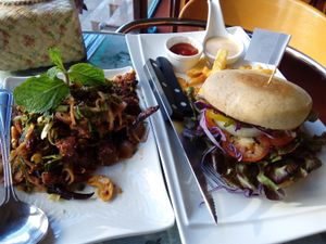 BURGER AND SPICY MOCK MEAT SALAD at May Veggie Home in Bangkok
