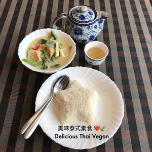 Delicious food with blossom tea at May Veggie Home in Bangkok