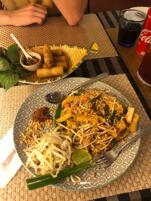 Pad Thai with tofu and fried spring rolls  at May Veggie Home in Bangkok