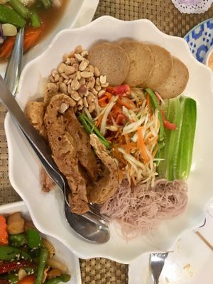 Super pad Thai with glass noodles and more  at May Veggie Home in Bangkok