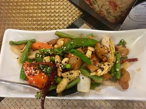 Mock chicken and vegetables in tamarind sauce at May Veggie Home in Bangkok