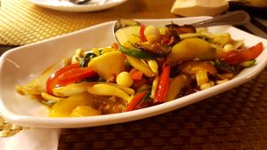 Mushrooms in basil sauce at May Veggie Home in Bangkok