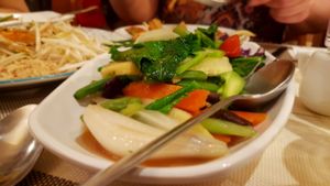 Stir fried veggies in sesame oil at May Veggie Home in Bangkok