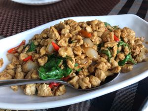 Basil chicken at May Veggie Home in Bangkok