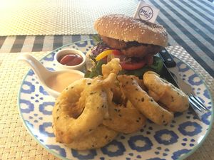 "Chicken" burger with union rings  at May Veggie Home in Bangkok