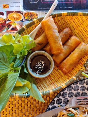 Fried spring roll with shitake mushroom at May Veggie Home in Bangkok