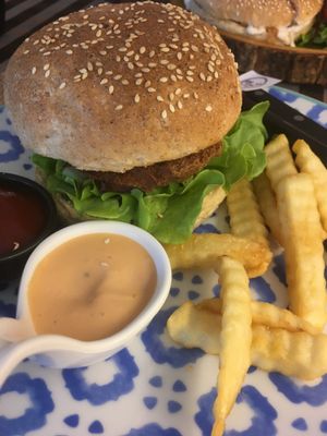Chicken burger at May Veggie Home in Bangkok