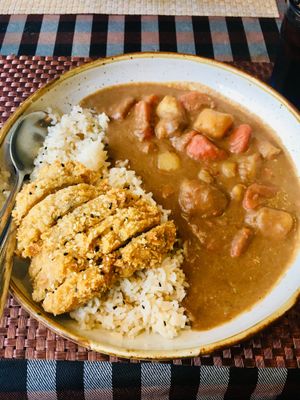 Japanese curry with fried chicken - about 170baht at May Veggie Home in Bangkok