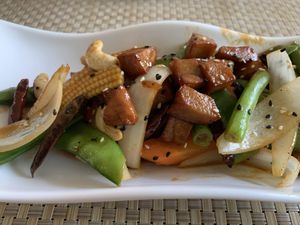 Veggies and “chicken” with tamarind sauce at May Veggie Home in Bangkok