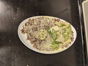 Green curry with rice at May Veggie Home in Bangkok