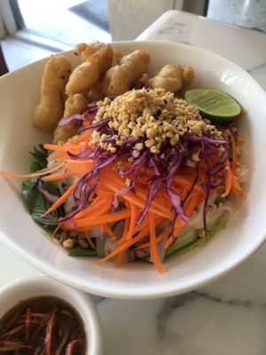Dry noodles with fried mushrooms  at May Veggie Home in Bangkok