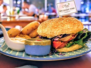 Bean paddy burger set at May Veggie Home in Bangkok