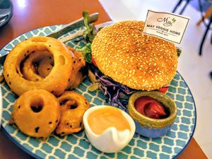 Bean paddy burger set at May Veggie Home in Bangkok