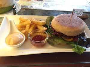 Deluxe veggie burger, 159 baht at May Veggie Home in Bangkok