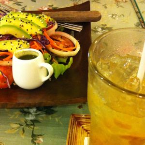 avocado salad + iced salted plum soda at May Veggie Home in Bangkok