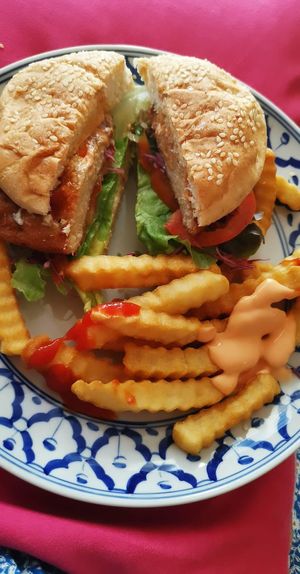 Chicken burger at May Veggie Home in Bangkok