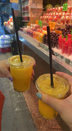 Mango and passion fruit juice  at Mercado de La Boqueria in Barcelona