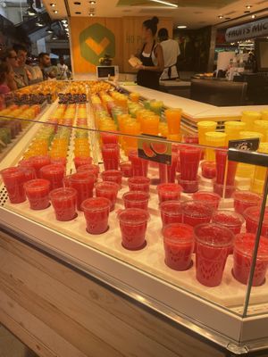 Selection of juices  at Mercado de La Boqueria in Barcelona