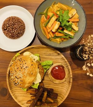 Vegan Thai curry with red rice   at Chickpea Bali  in Ungasan