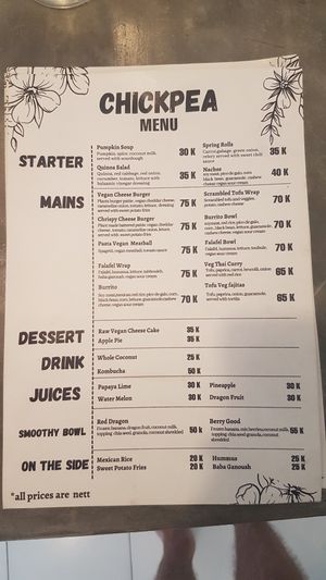 Menu at Chickpea Bali  in Ungasan