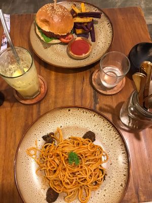 ‘Meatball’ spaghetti and vegan cheeseburger 🍔   at Chickpea Bali  in Ungasan