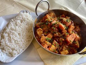 Vegan chili with beans, carrots, and rice  at Seaview Tavern in Ballygorman