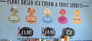 Vegan Ice cream and sorbet flavours, plain cones are also vegan   at Flissys Coffee Shop in Thurstaston