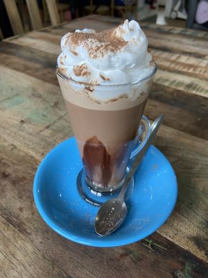 Luxury vegan hot chocolate  at Flissys Coffee Shop in Thurstaston