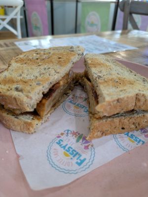 Vegan sausage toastie at Flissys Coffee Shop in Thurstaston