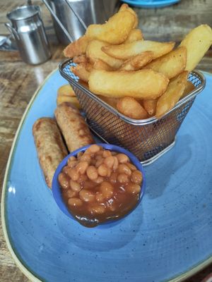 Vegan sausages and chips (cooked in a separate fryer) at Flissys Coffee Shop in Thurstaston