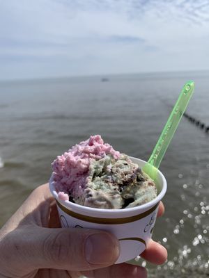 Strawberry and Mint Choc Chip vegan ice cream  at Jeromes/Pavilion Bar in Bridlington
