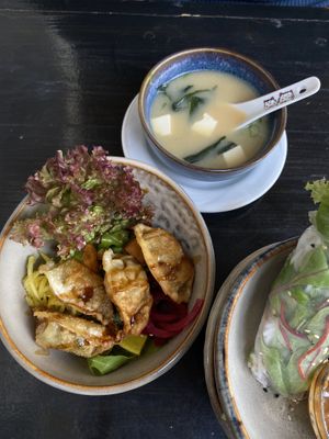 Miso soup and fried dumplings  at To80 vegan in Cologne