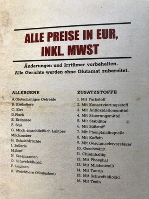 Liste der Allergene / list of allergens  at To80 vegan in Cologne