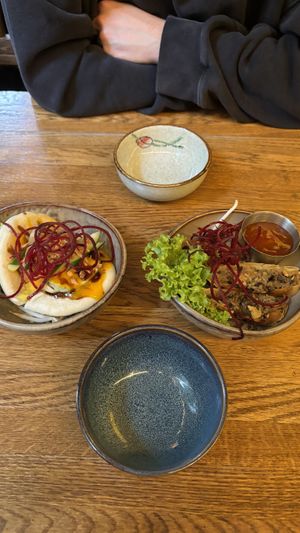 Small bowls: Mango bao bun and spring rolls. Would recommend both   at To80 vegan in Cologne