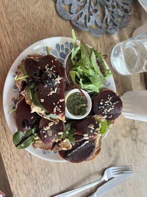 Hummus and beetroot sandwich with pesto, spinach and seeds  at Mish.Mash in Dublin
